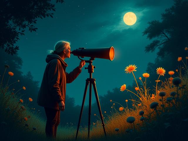 Illustration of a person observing stars from a lush garden, blending astronomical and botanical elements.
