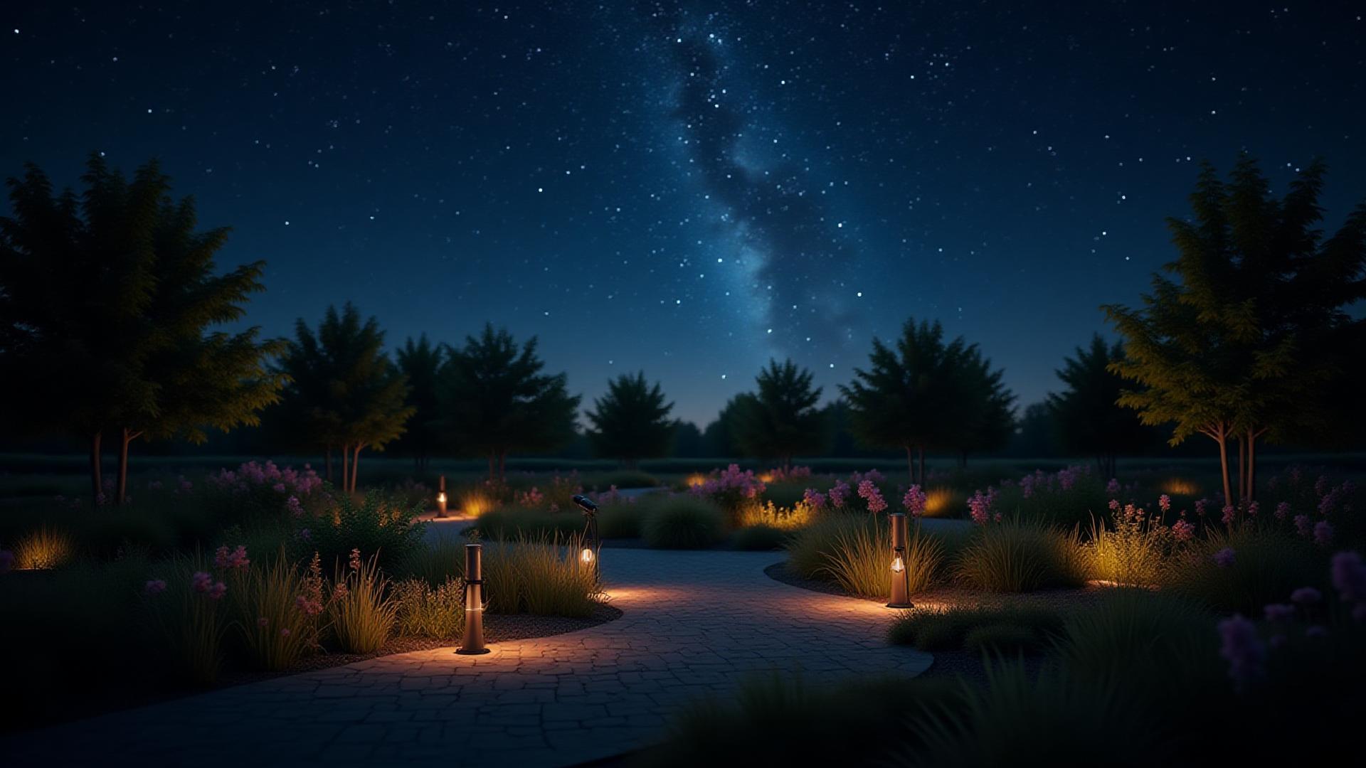 Majestic night view of the Terra Gardens main demonstration garden in Springfield, IL, under a star-filled sky, blending horticultural beauty with astronomical wonder.