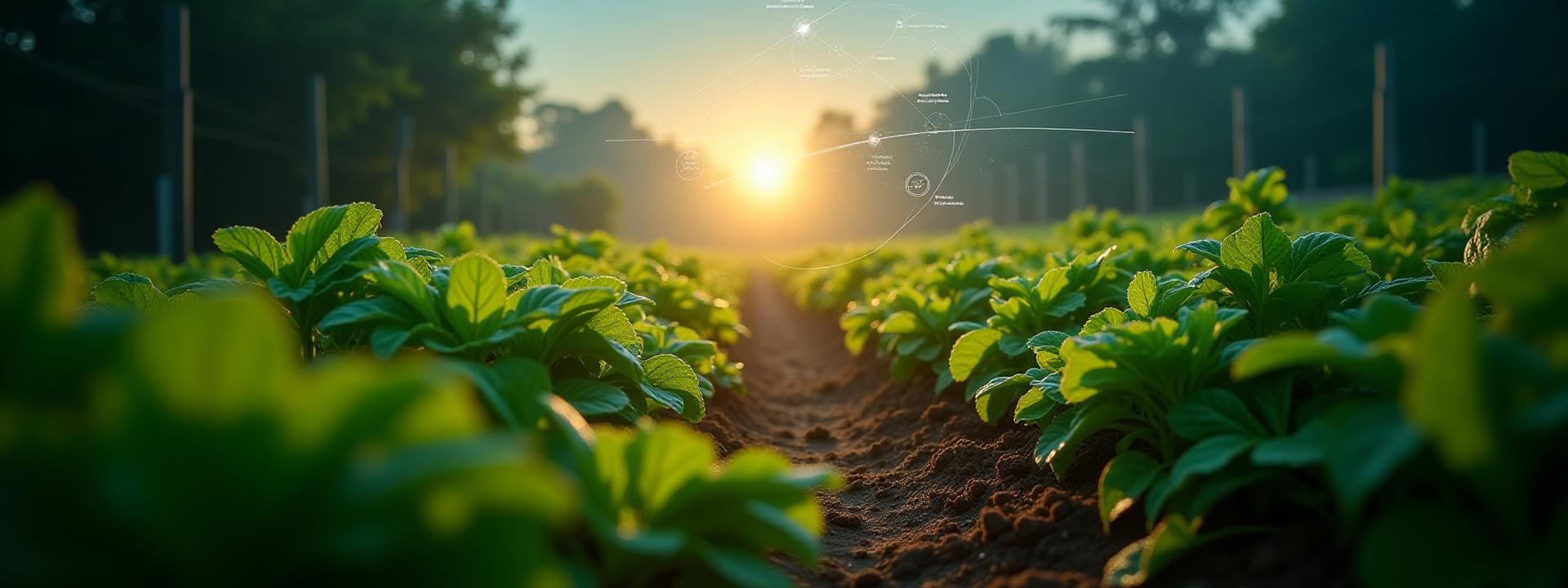 Double exposure image: a hand-drawn solar path diagram overlaid on a vibrant, lush vegetable garden at dawn.