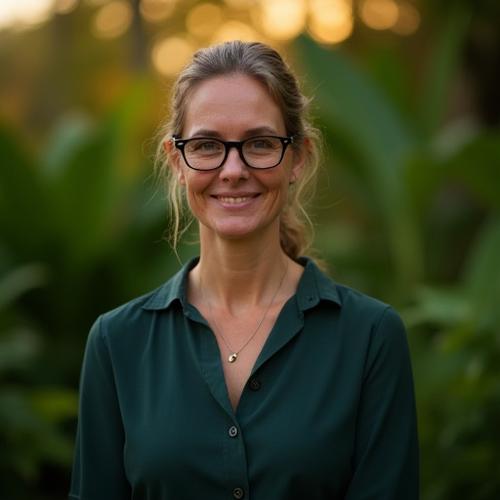 Portrait of Dr. Elara Varden, founder of Terra Gardens, standing in a lush botanical garden at dusk with a gentle smile.