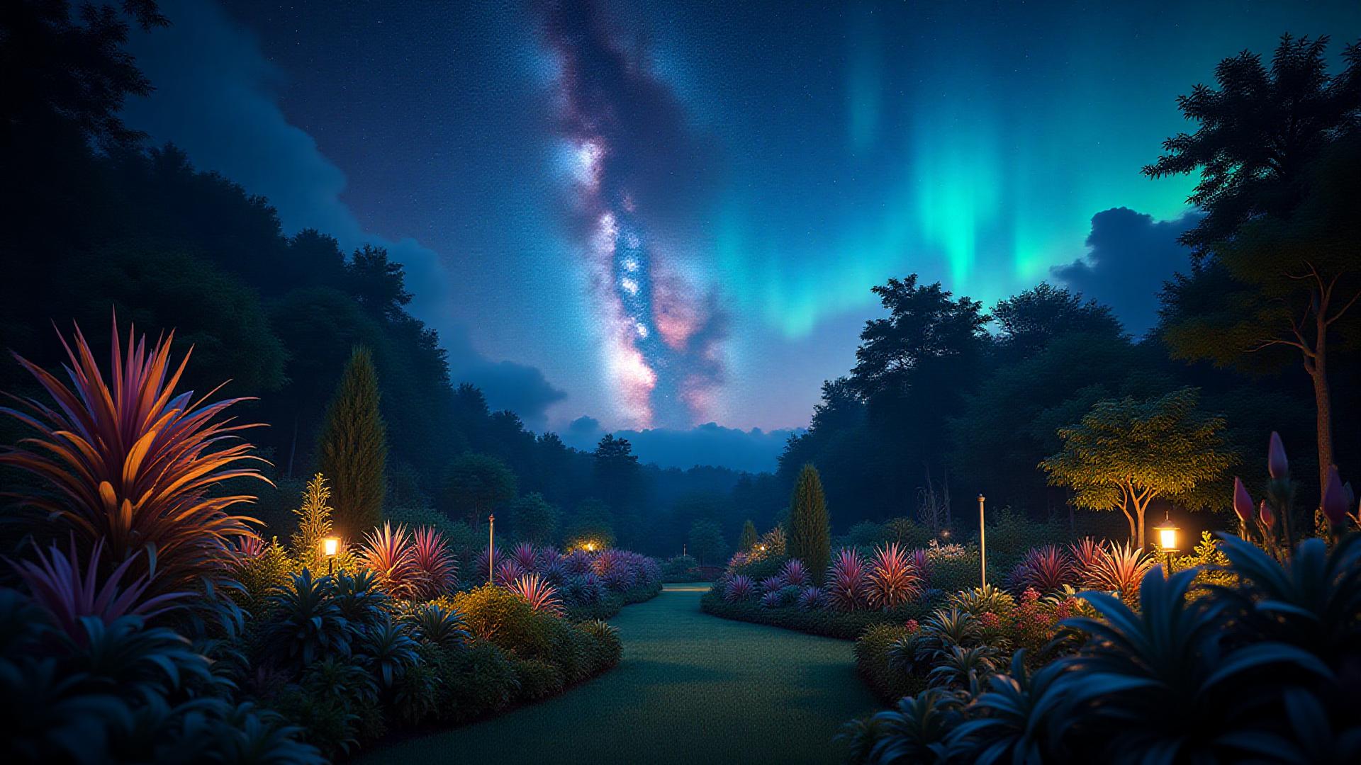 Lush garden at dusk with a vibrant, star-filled nebula in the night sky above, blending seamlessly