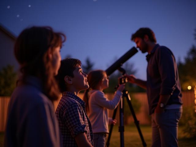 A family of three, including two children, joyfully looking through a newly built telescope in their backyard at dusk.