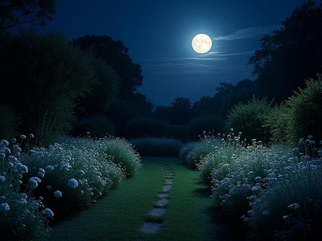 A serene moon garden at night, with white flowers glowing under soft moonlight, surrounded by lush foliage.